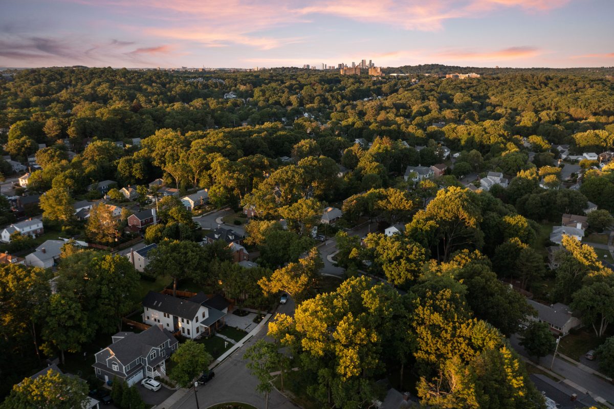 Aerial real estate photo of Newton, MA property - boston skyline in background