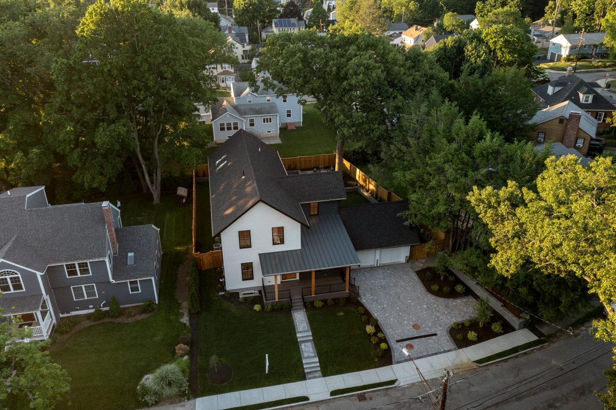 Aerial photo of a real estate listing in Newton, MA