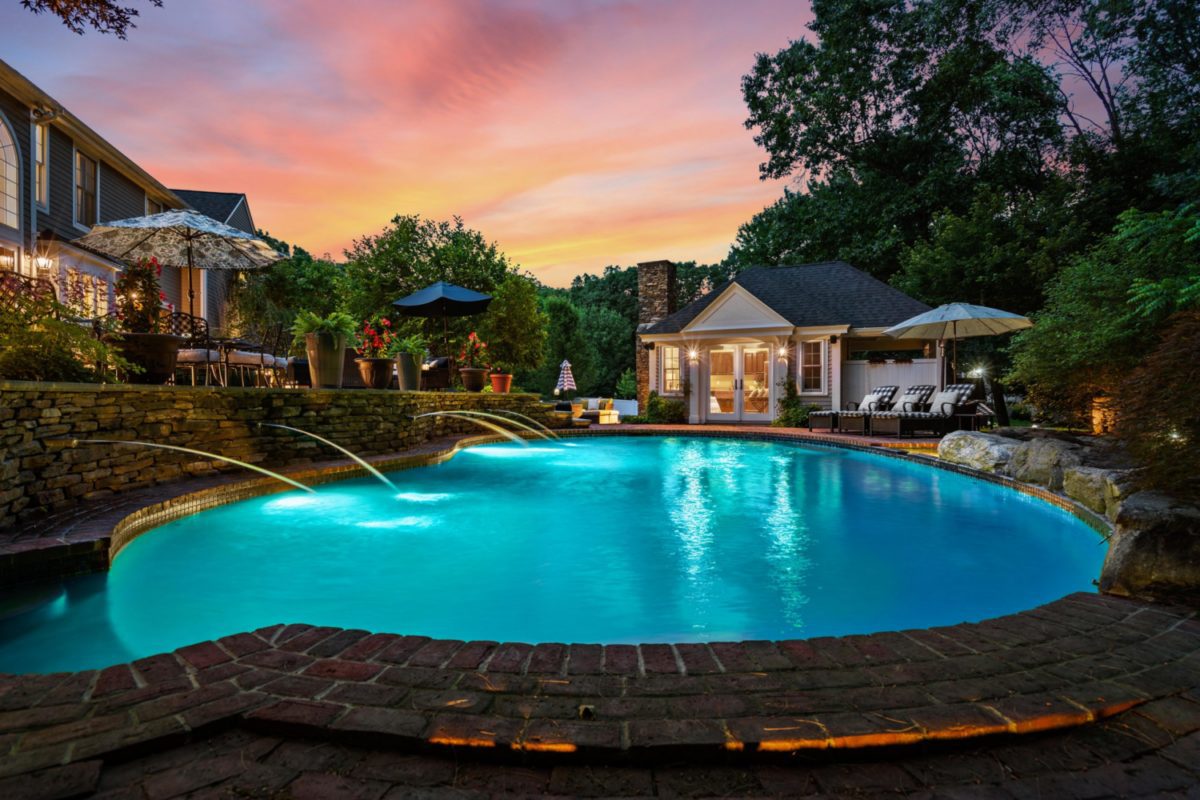 Real Estate Twilight photography of a North Andover, MA Property with a pool