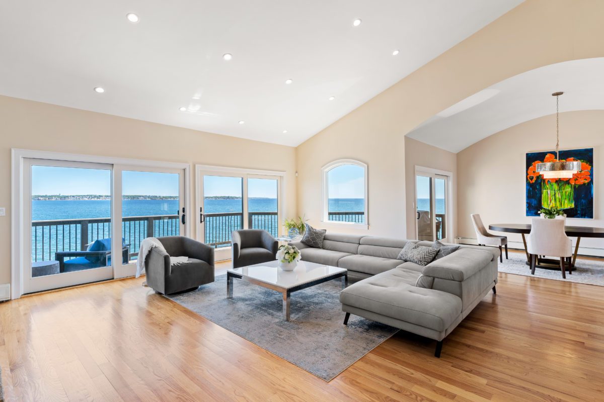 Living room in a Nahant home with ocean views